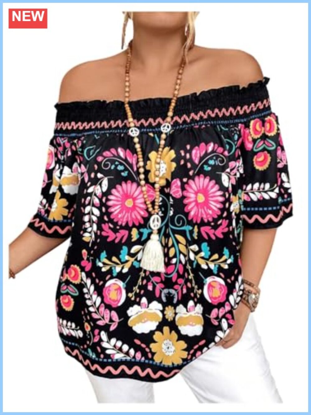 Plus Size Floral Off Shoulder Blouse Boho Half Sleeve Vacation Top